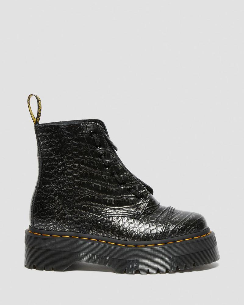 Black Women's Dr Martens Sinclair Croc Emboss Leather Platform Boots | CA 252XYU